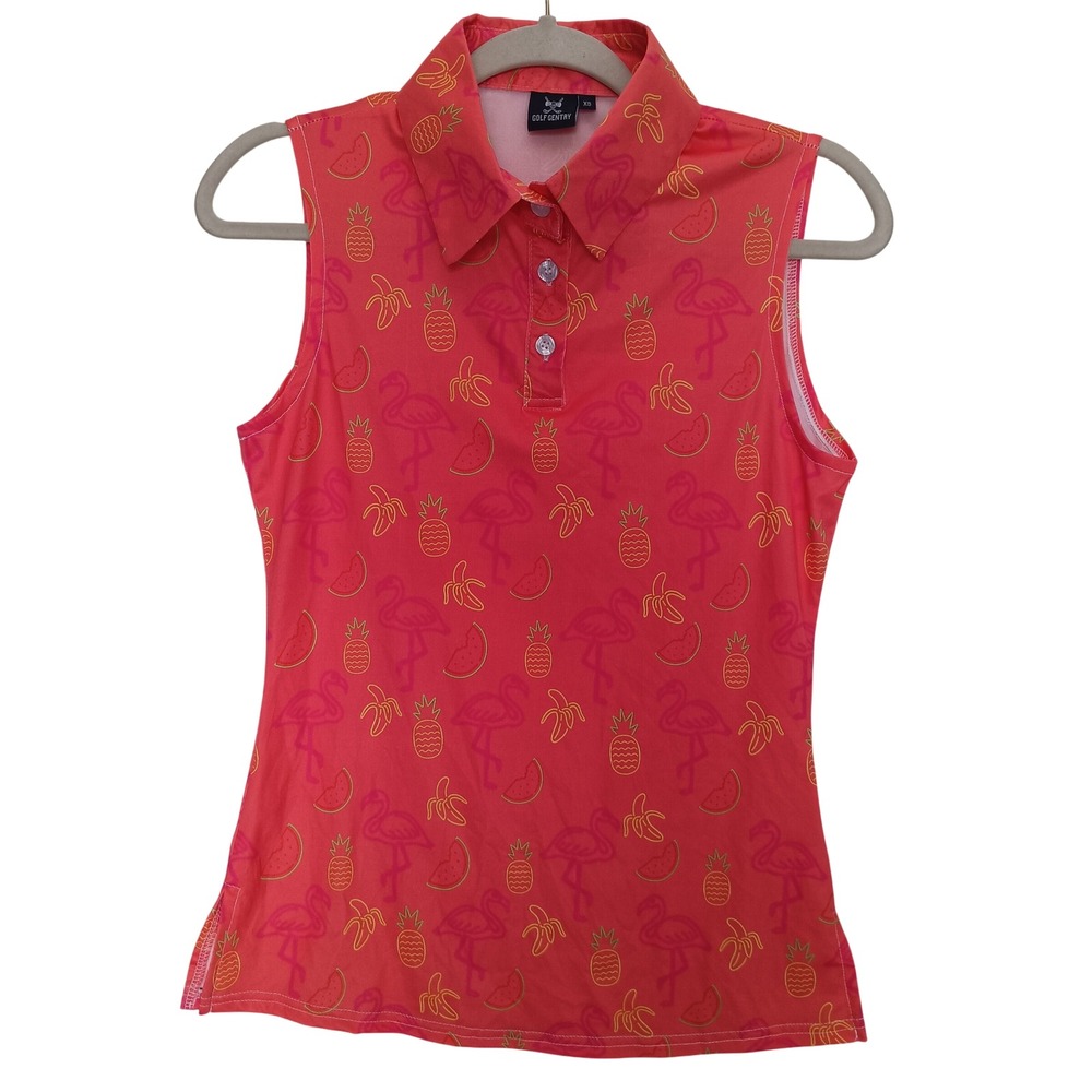 Golf Gentry Sleeveless Polo Women XS Coral Pink Tropical Flamingo Fruit Print